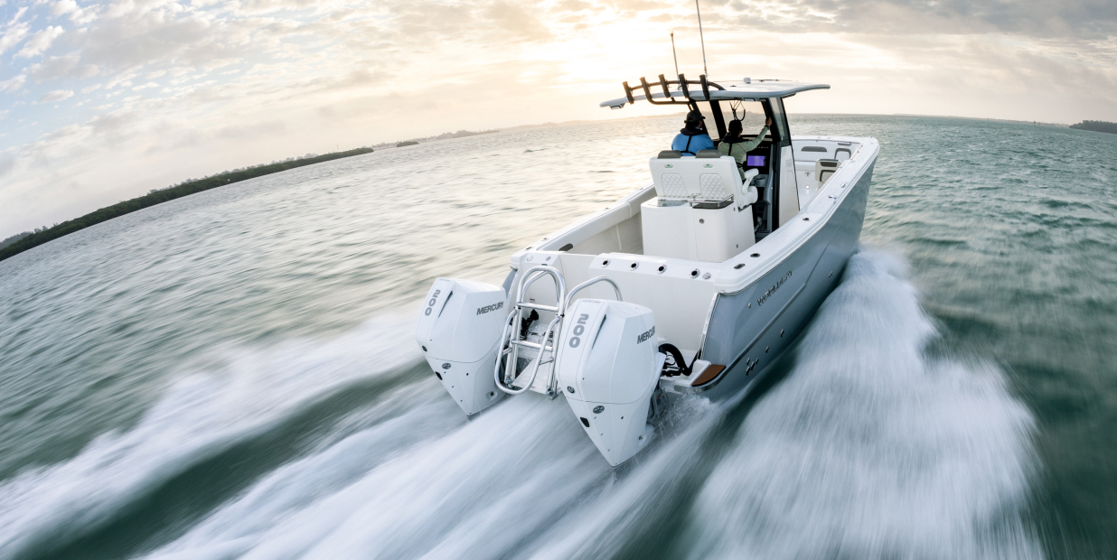 A speedboat sailing across the sea