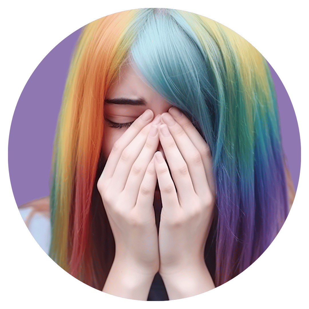 A person with multicoloured hair covering their face with both hands, shown inside a circular frame on a purple background.
