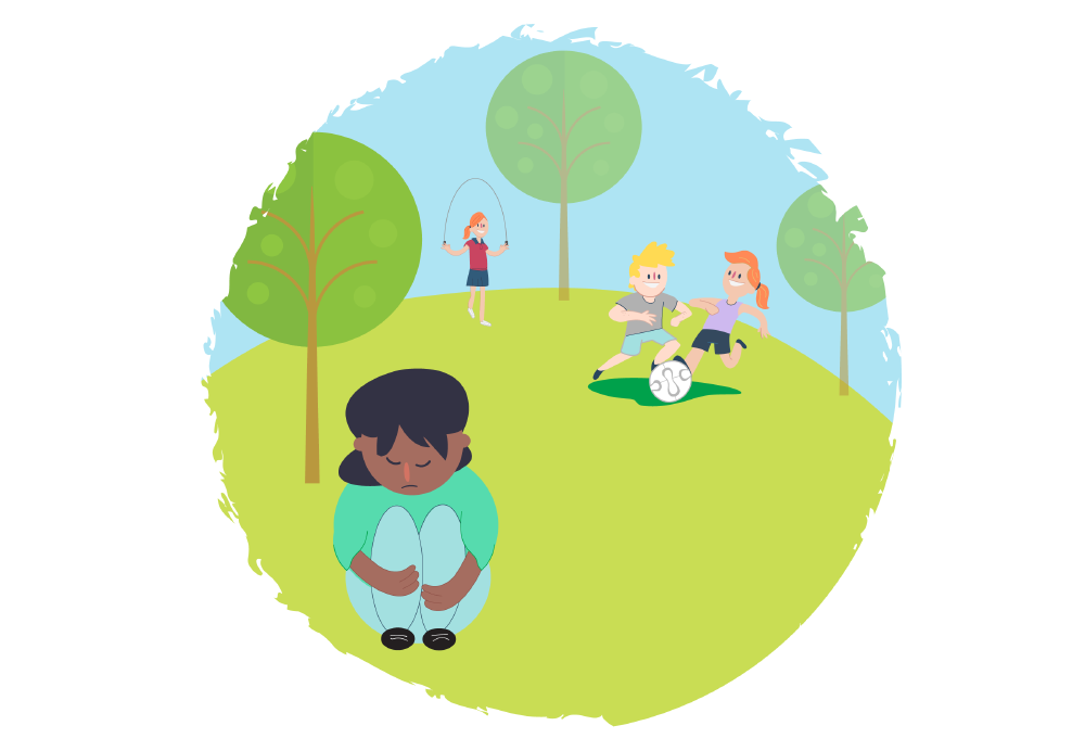 A child sitting alone on grass while other children play nearby.