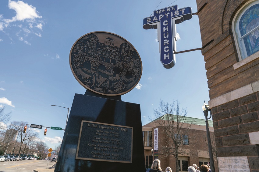 A monument outside the the Sixteenth Street Baptist Church with the names of the four girls killed in the bombing on September 16, 1963