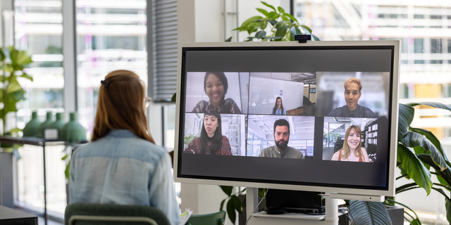 Woman having online meeting with team