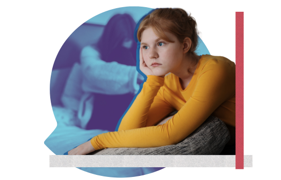 A teenager in a yellow top leaning on her hand in front of a blue speech bubble with a girl in her room