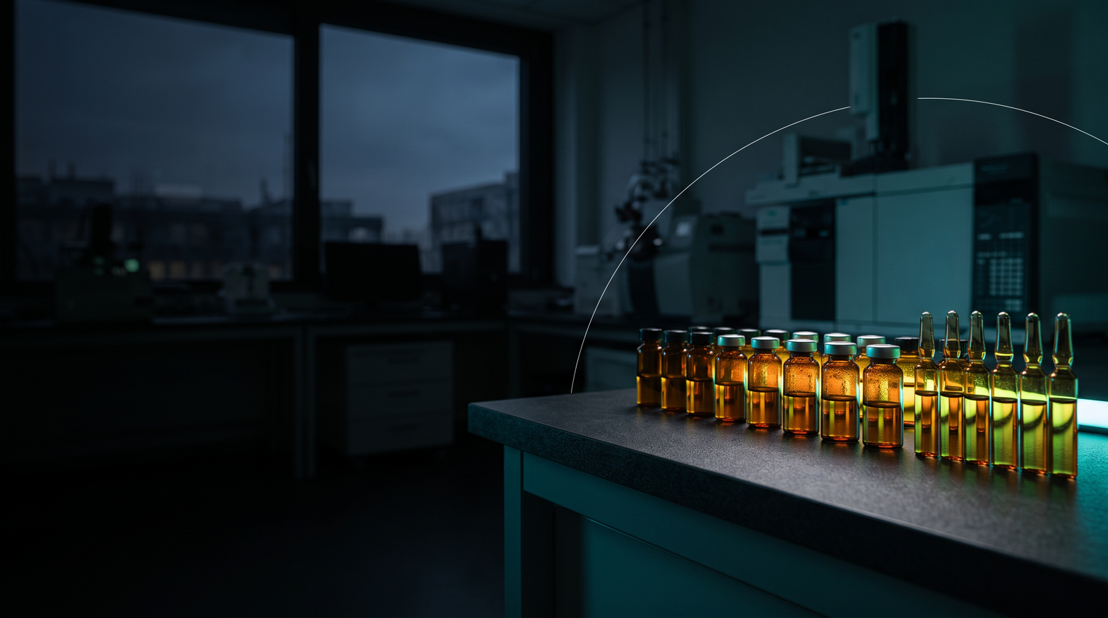 Analytical chemist in a lab coat preparing amber reference material vials beside an LC-MS instrument