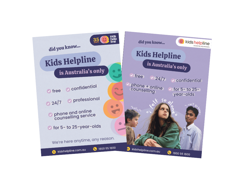 Two posters explaining how Kids Helpline helps young people.