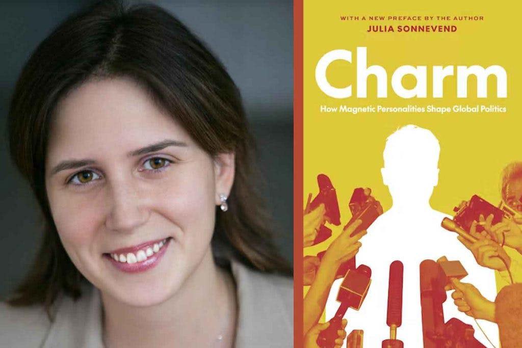 Headshot of Julia Sonnevend next to cover of CHARM which features a graphic of microphones pointed at a silhouetted figure.