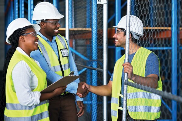 Three telecommunications professionals in safety gear collaborate at an industrial worksite.