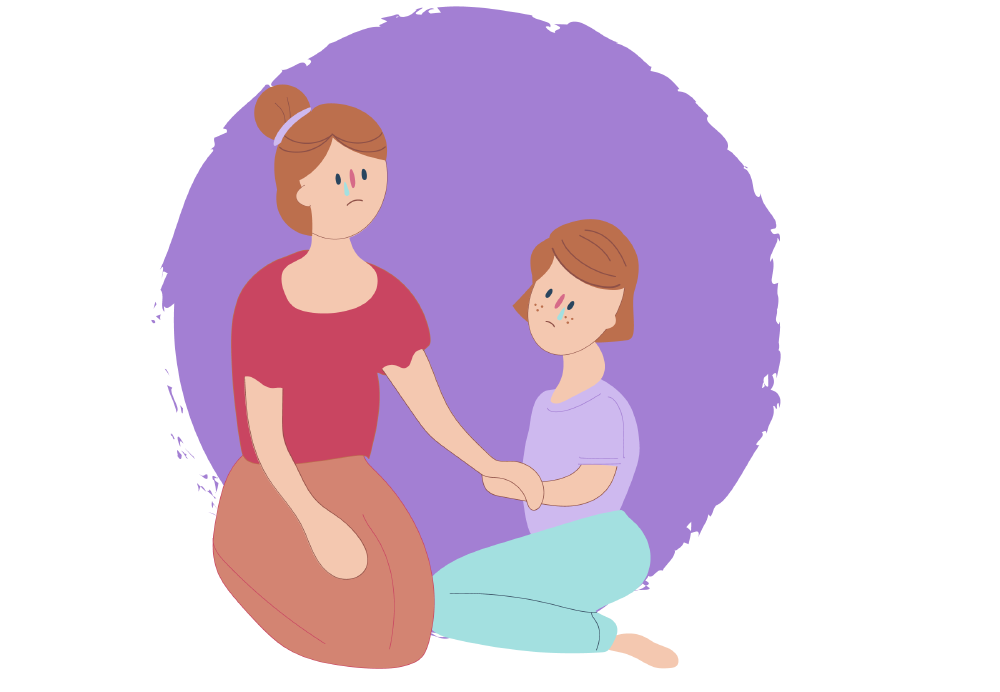 Illustration of an adult and a child sitting close together. The adult holds the child’s hand while both face slightly toward each other against a purple background.