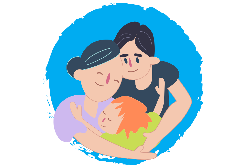 Illustration of three people sitting closely with their arms around each other. One smaller person is held between two larger people within a blue circular background.