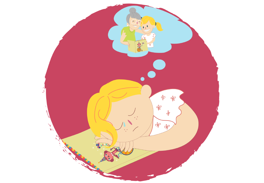 Illustration of a child resting their head on folded arms at a table. A thought bubble above shows an Grandparent and a child holding a drawing together.