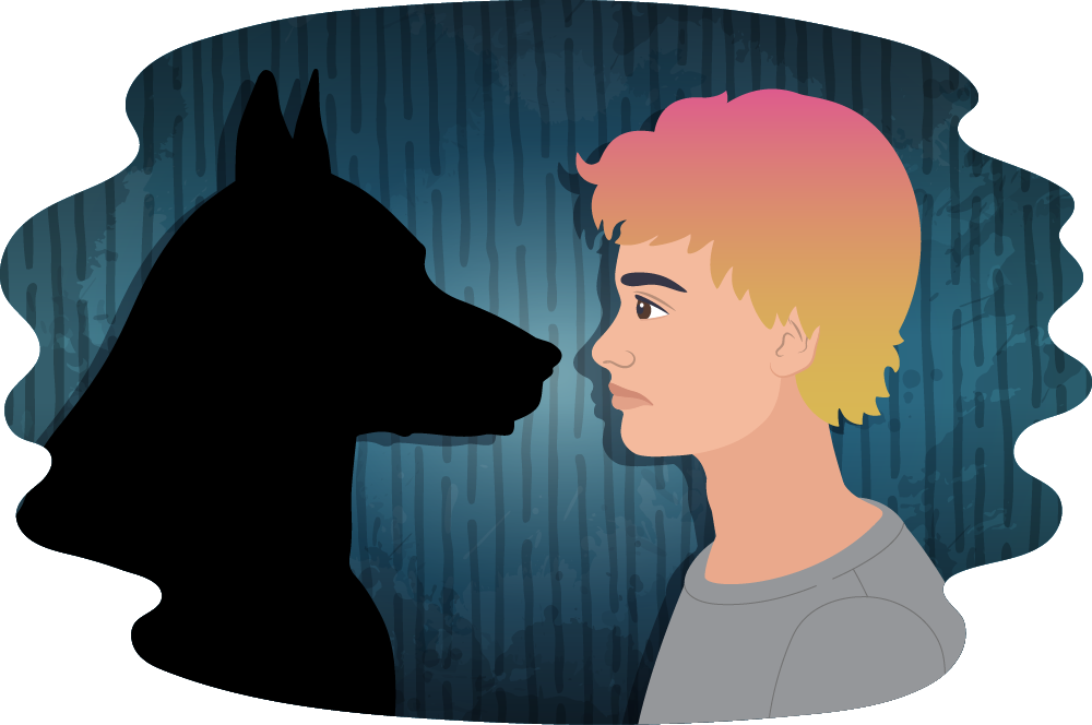 Illustration of a person shown in side profile facing a large black dog silhouette against a dark blue patterned background.
