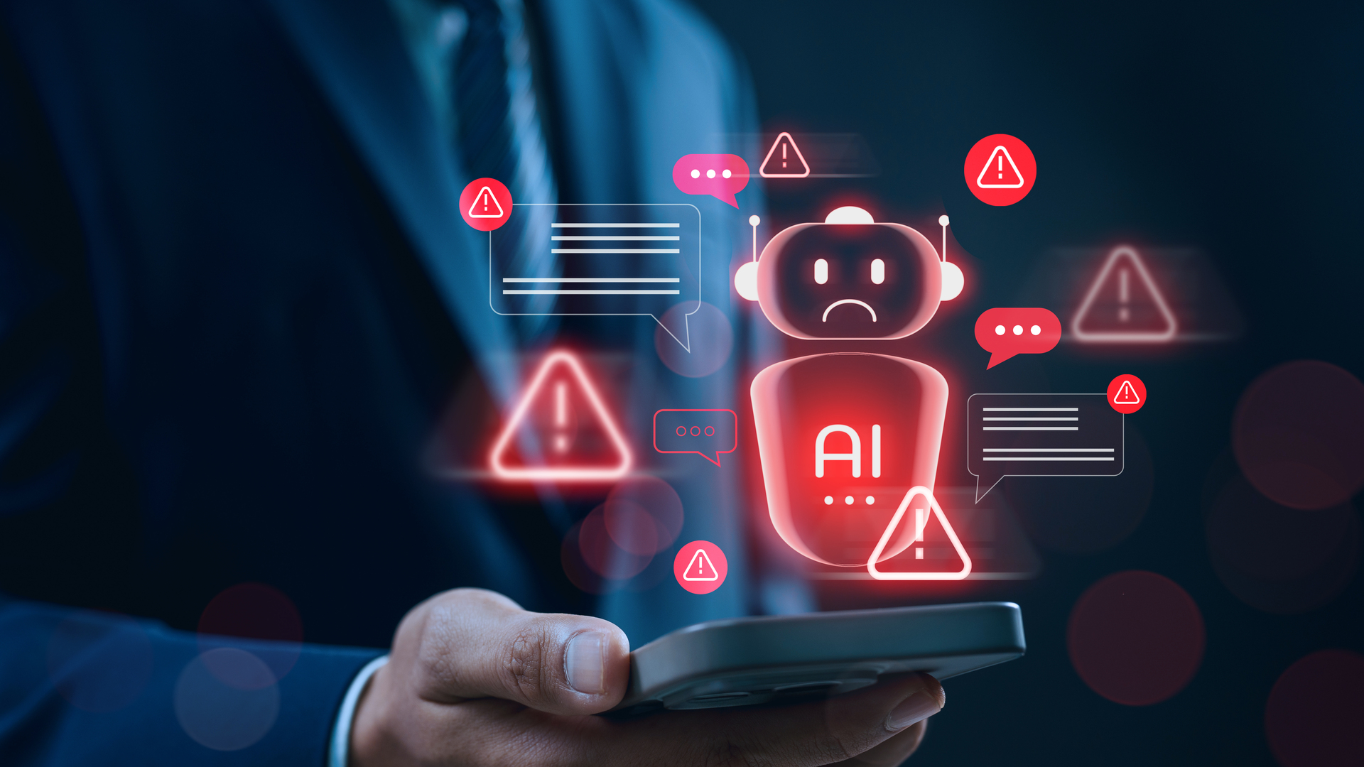 AI chatbot system alert in digital communication environment showing error, warning, and cybersecurity risk icons, highlighting potential data breach and smart automation failure in modern networks