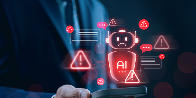 AI chatbot system alert in digital communication environment showing error, warning, and cybersecurity risk icons, highlighting potential data breach and smart automation failure in modern networks