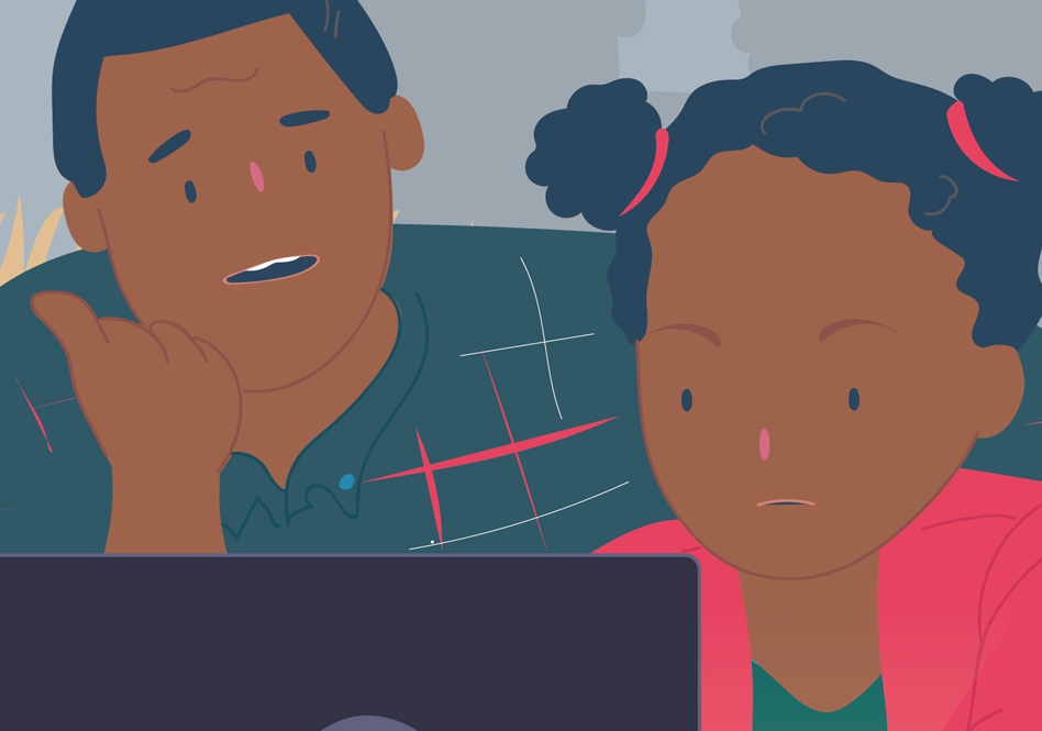Parent and child looking at laptop talking about online grooming and online safety