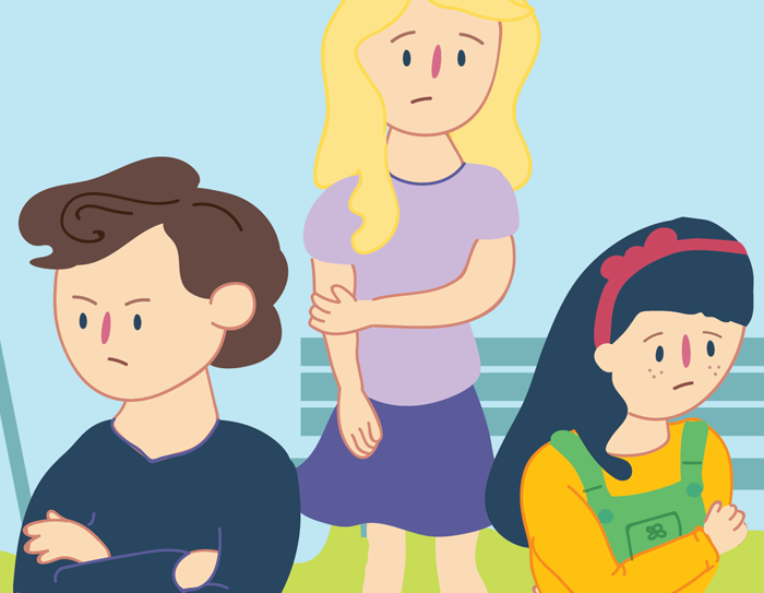 Two kids turned away from each other with their arms crossed across their chests, while a girl stands between them looking sad.