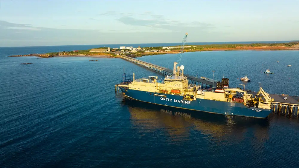 Picture of cable laying vessel, Optic Marine. Vocus won Best Longhaul Network Operator: Driving growth with longhaul fibre at the 2024 CommsDay Edison Awards