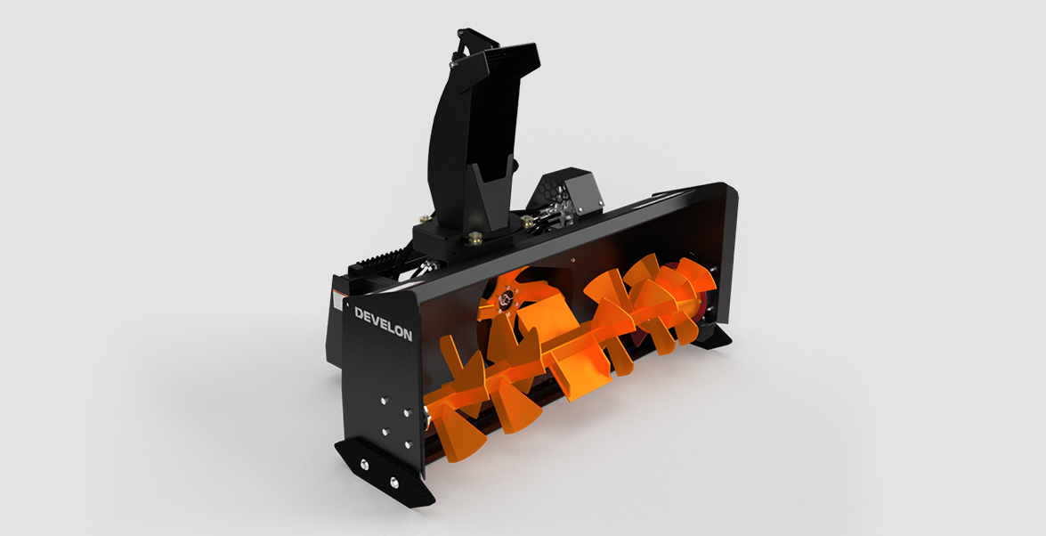 The DEVELON heavy-duty snow blower attachment displayed against a cut-out background.