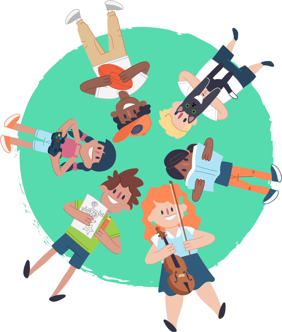 Illustration of six people lying in a circle on grass, each holding or using a different item, including a book, a violin, a drawing, a football, a game controller, and a pet.