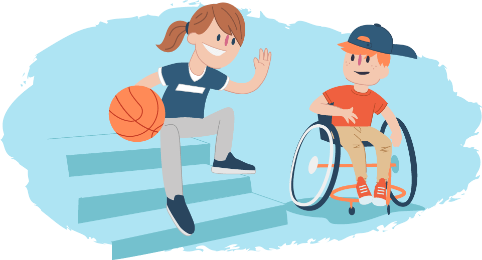Illustration of two people seated near steps. One holds a basketball while seated on the steps, and the other sits nearby using a wheelchair. Both face each other outdoors.