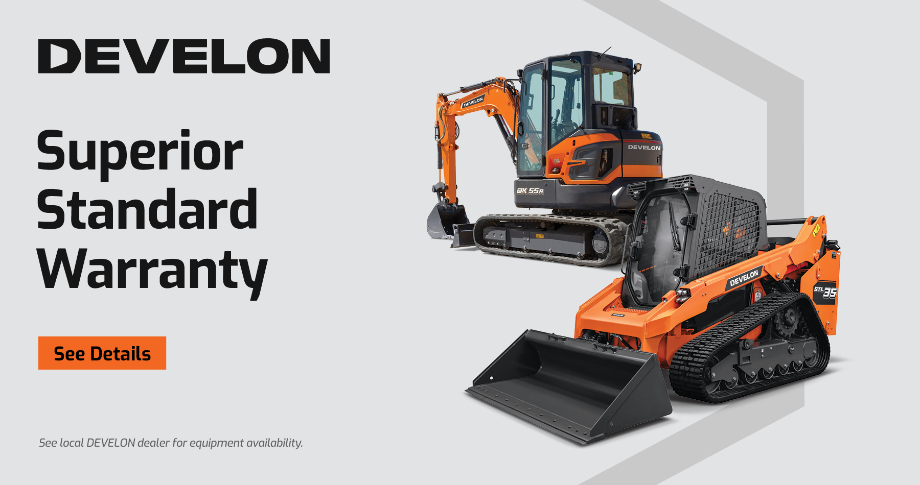 Standard Superior Warranty promotion banner with a dozer and mini excavator pictured on a gray background