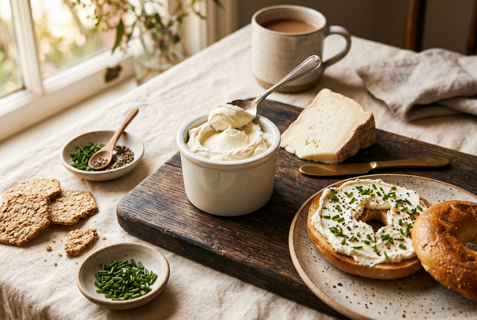 A tub of Kerrygold natural cream cheese with a spoon and sliced bagel on stoneware