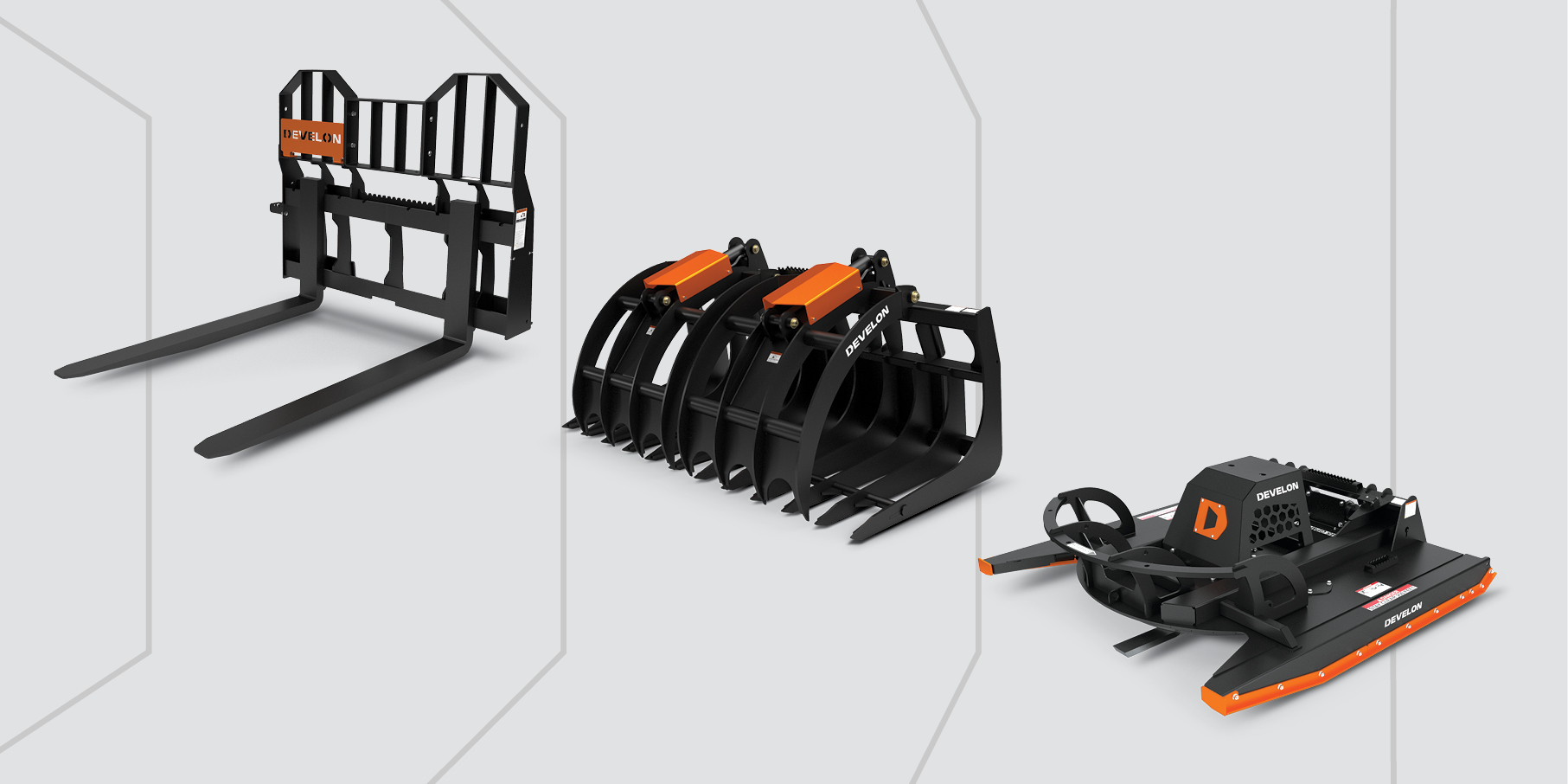 The DEVELON pallet fork, root grapple and brush cutter attachments.