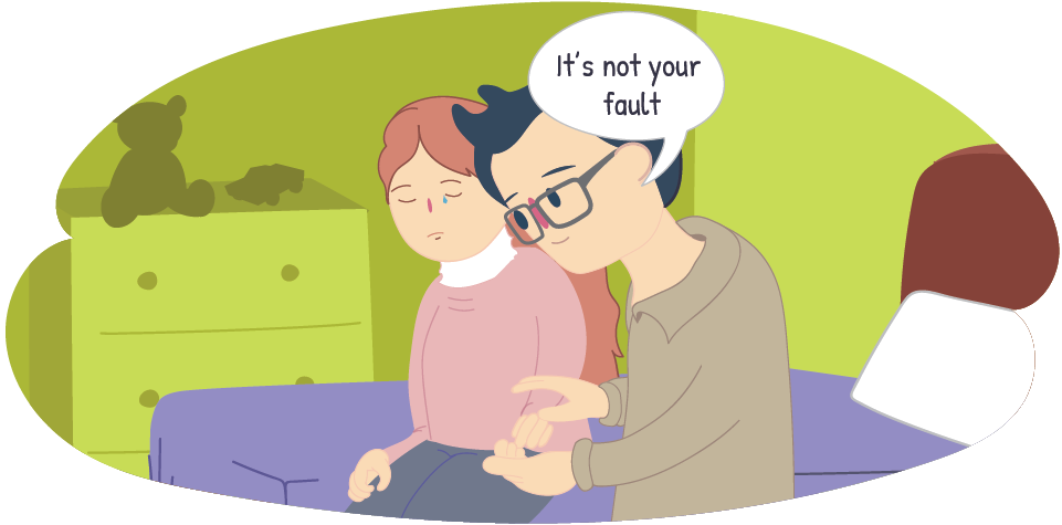 Illustration of an adult sitting beside a child on a bed, with a speech bubble containing the text “It’s not your fault”.