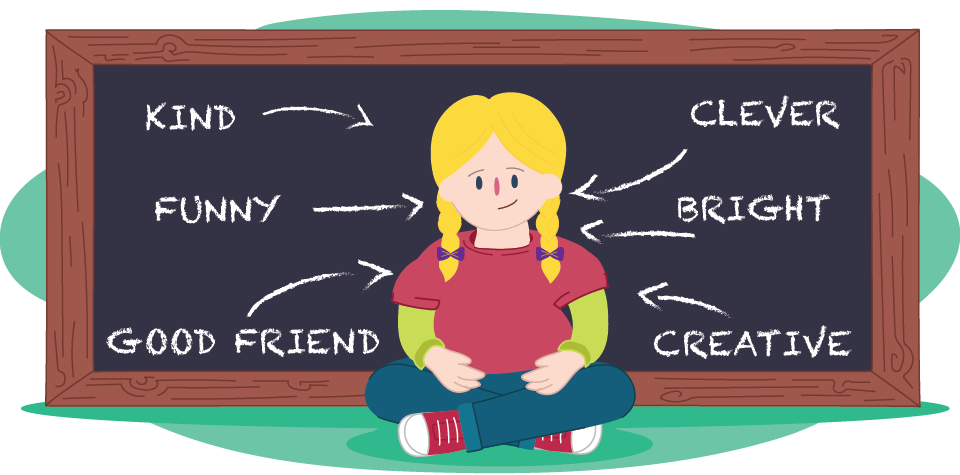Illustration of a child sitting cross‑legged in front of a chalkboard with arrows pointing from the words “KIND”, “FUNNY”, “GOOD FRIEND”, “CLEVER”, “BRIGHT” and “CREATIVE”.