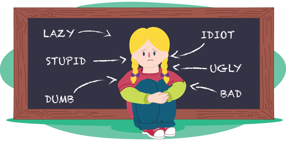 Illustration of a child sitting with knees drawn up in front of a chalkboard showing arrows pointing from the words “LAZY”, “STUPID”, “DUMB”, “IDIOT”, “UGLY” and “BAD”.