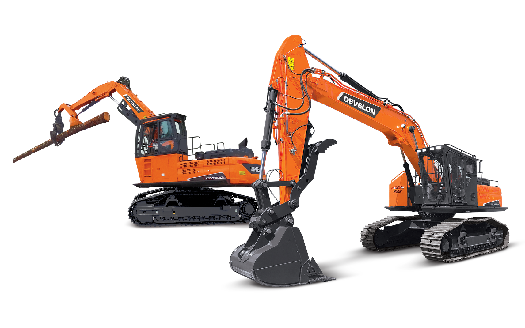 DEVELON DX300LL-7 log loader and DX300RB-7 road builder.
