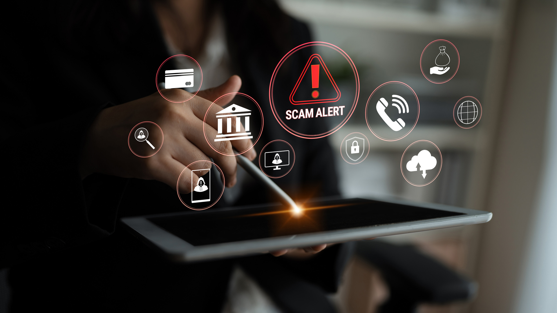 Digital Warning Against Online Scam Threats with Alert Symbols and Icons for Internet Safety Awareness on a Tablet Screen