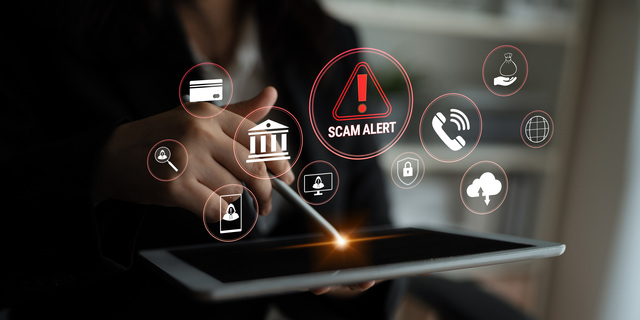 Digital Warning Against Online Scam Threats with Alert Symbols and Icons for Internet Safety Awareness on a Tablet Screen