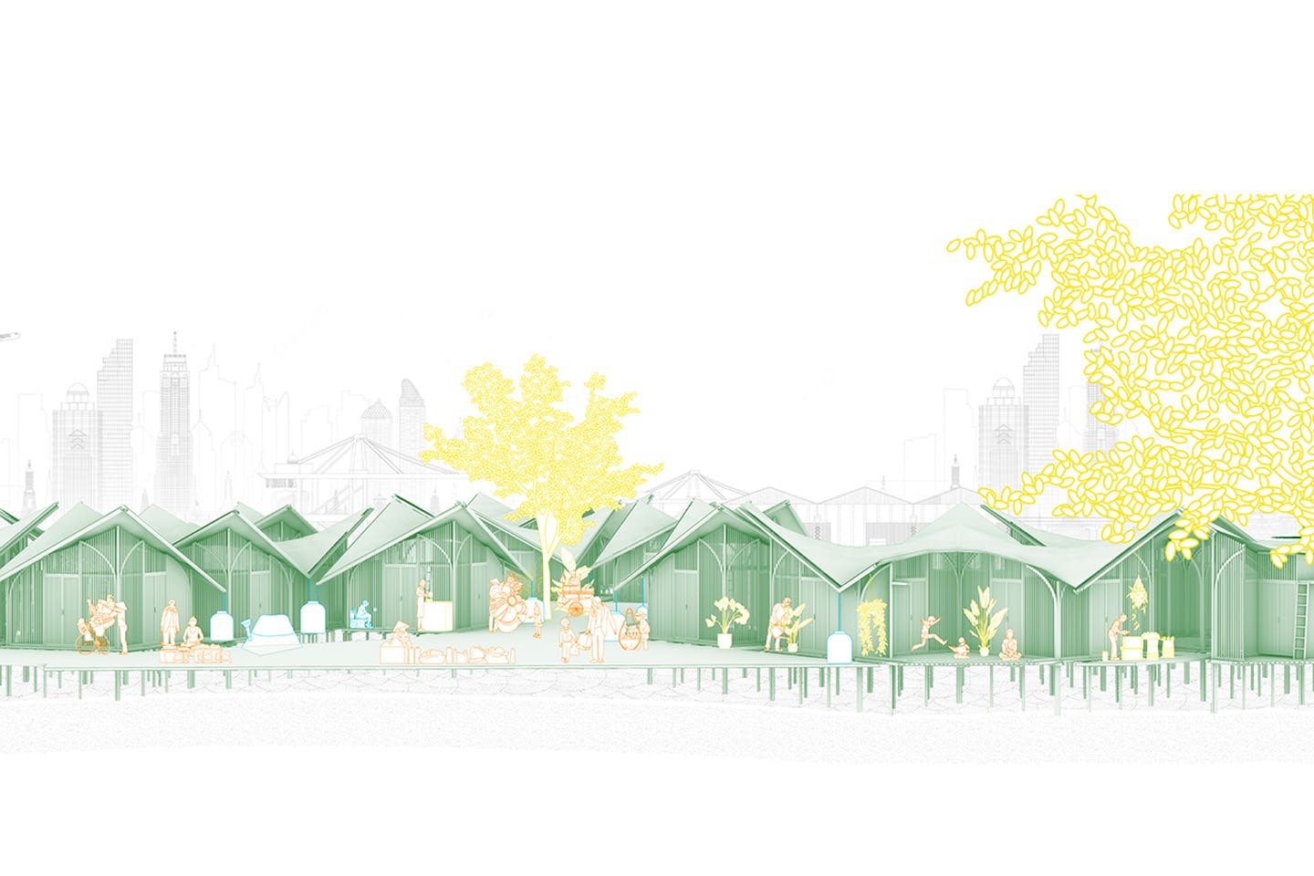 A design illustration of a row of homes made from bamboo and other sustainable materials.