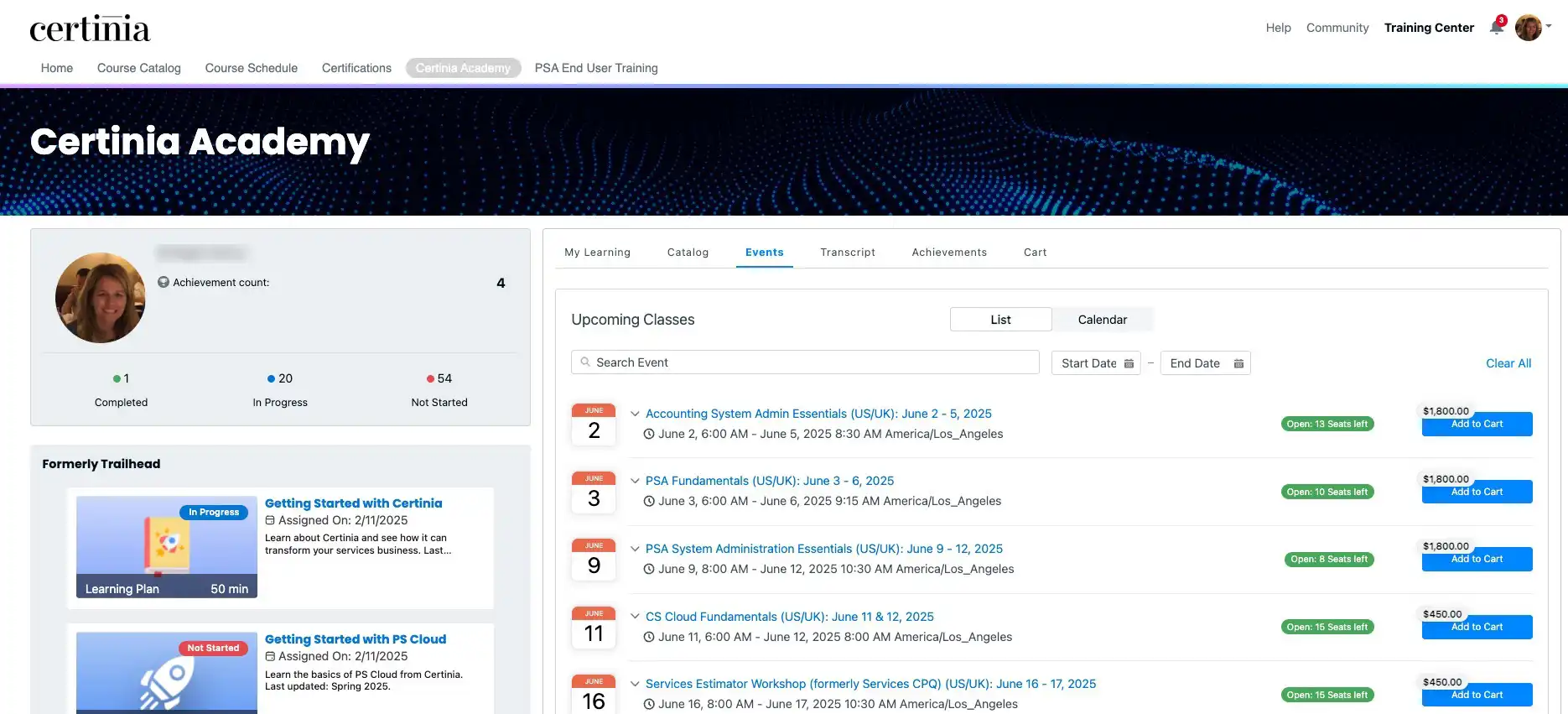 Certinia Academy dashboard showing upcoming classes with seat availability and prices in calendar list view