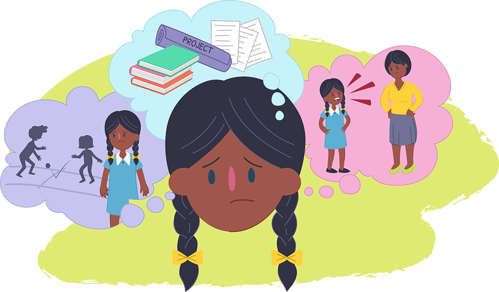 Illustration of a person’s face surrounded by thought bubbles. The bubbles show school books and papers, a child standing alone, and an adult speaking to a child.