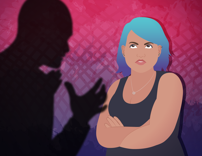 A person stands with their arms crossed, glaring. There is a silhouette in front of them, gesturing threateningly.