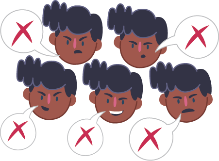 Five people with speech bubbles showing 