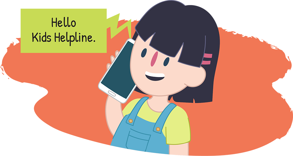 Illustration of a child holding a mobile phone to their ear. A speech bubble reads, “Hello Kids Helpline.”