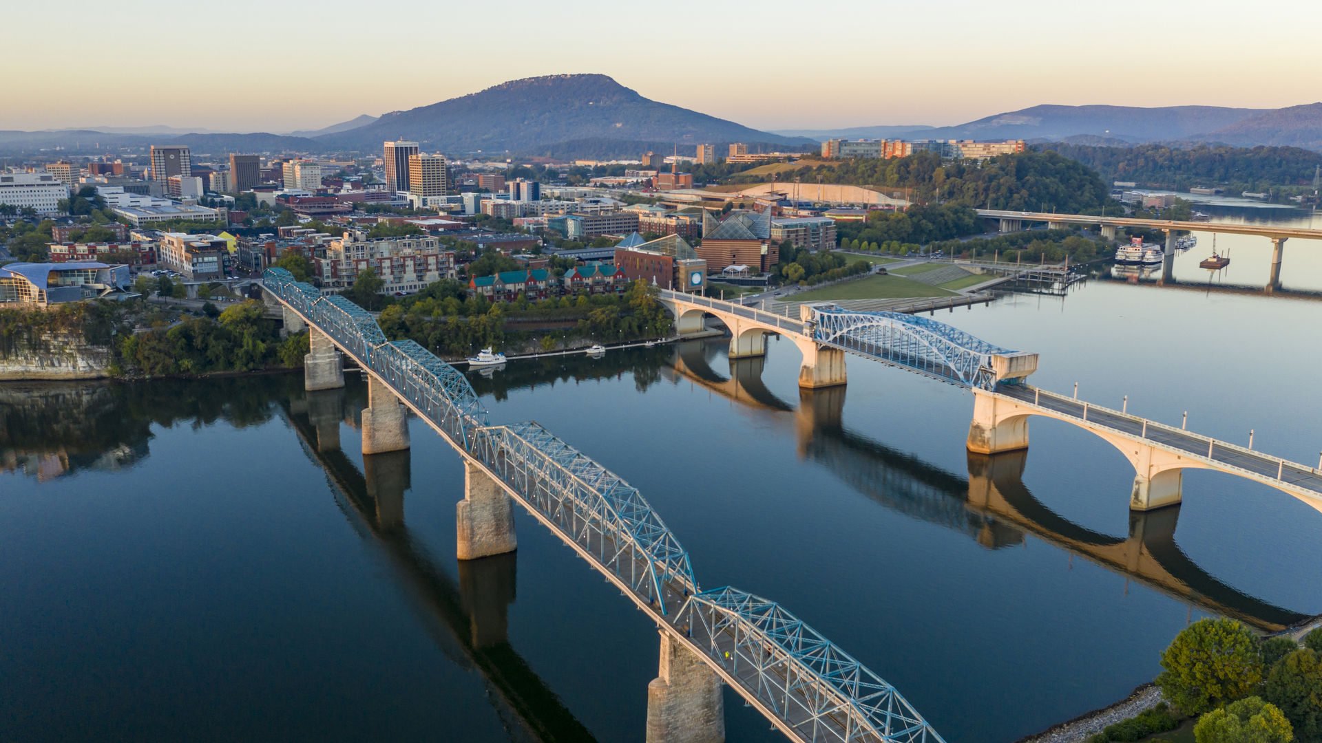 Dawn Light hits Lookout Mountain with Smooth Water Flowing in Chatanooga Tennessee