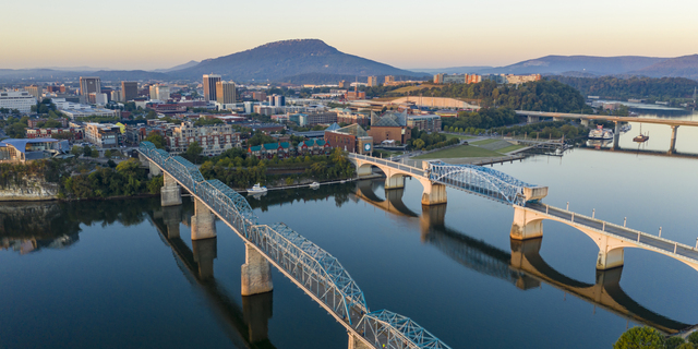 Dawn Light hits Lookout Mountain with Smooth Water Flowing in Chatanooga Tennessee