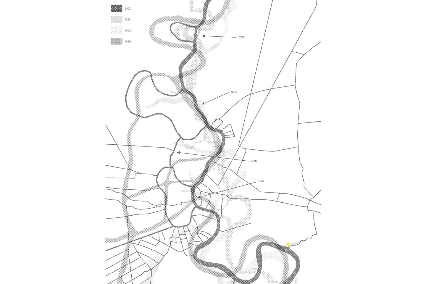 A graphic map in black and white depicting the changing path of the Chao Phraya River.