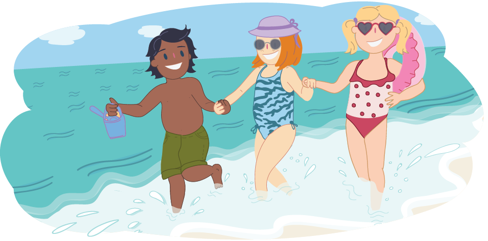 Illustration of three people holding hands while walking through shallow water at a beach. One holds a small bucket. Waves and sky are visible.