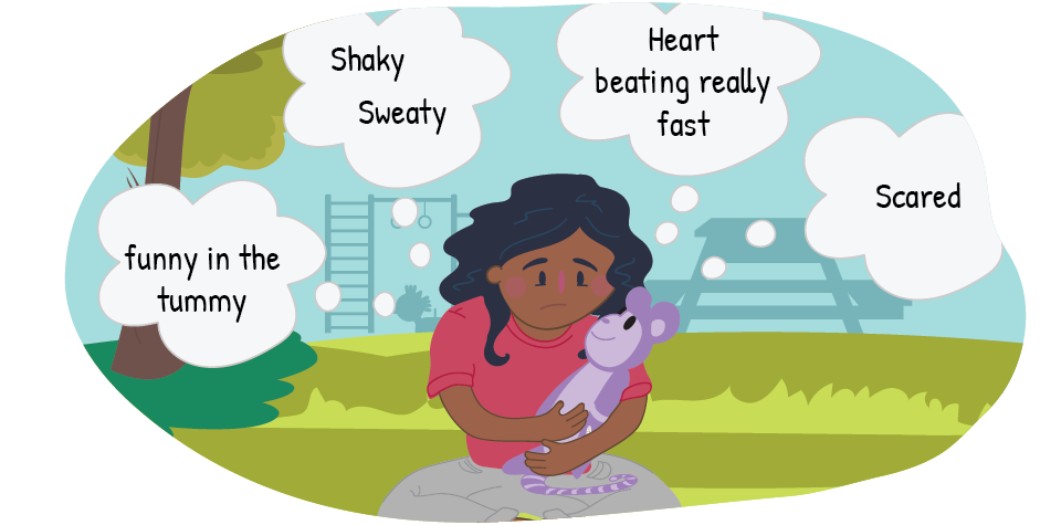 Illustration of a person sitting on grass holding a toy. Thought bubbles read “Shaky”, “Sweaty”, “funny in the tummy”, “Heart beating really fast”, and “Scared”.
