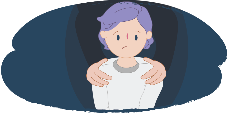 Illustration of a child standing in front of a shadow whose arms rest on their shoulders. The background is dark with curved shapes.