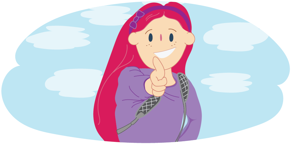 Illustration of a person smiling and giving the thumbs up. A backpack strap is visible over one shoulder against a sky background.