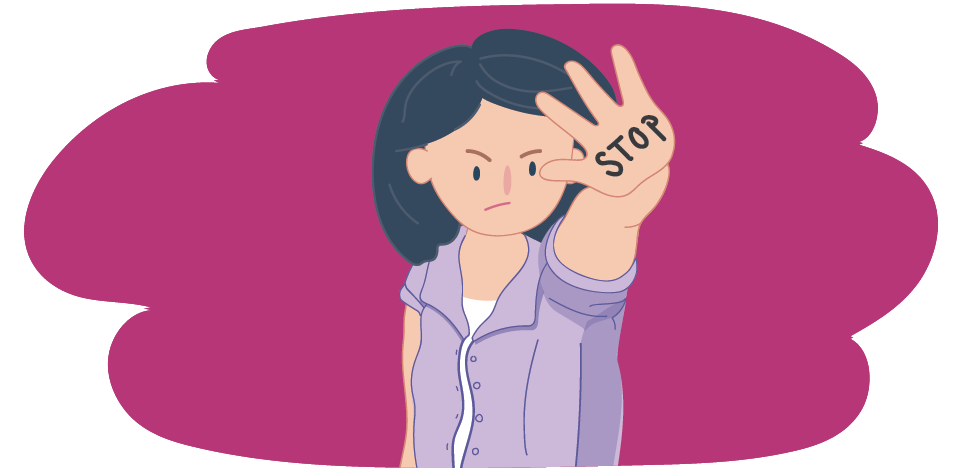 Illustration of a person facing forward with one hand raised. The word “STOP” is written on the palm.