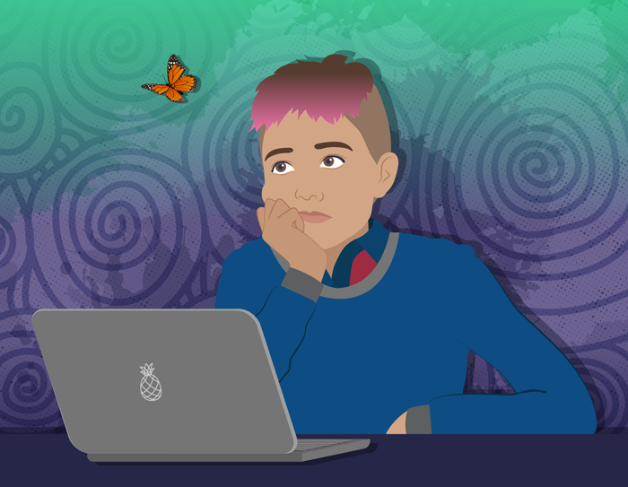 A teen on his laptop, staring off into the distance at a butterfly.