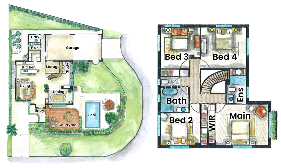 Watercolor painted floorplan of our Palm Beach home 