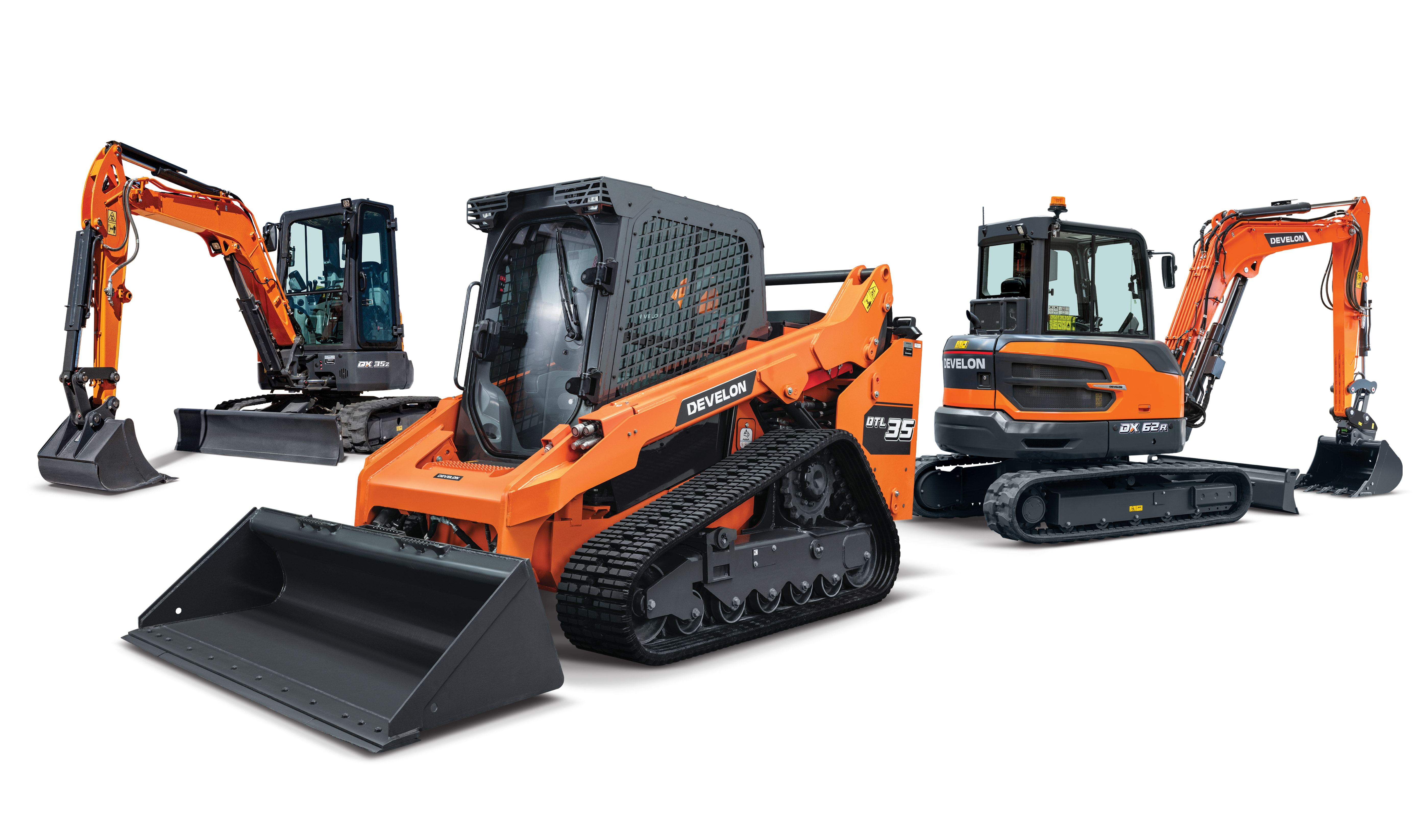 A DEVELON DTL35 compact track loader and two mini excavators on a white background.