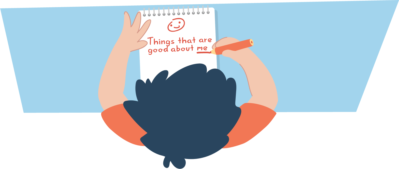 Top-down illustration of a person writing in a notebook. The page reads “Things that are good about me” with a small smiley face drawn above the text.