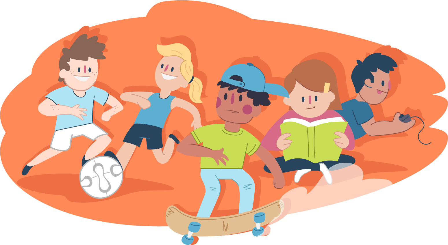 Illustration of five people taking part in different activities. One kicks a ball, one runs, one stands on a skateboard, one reads a book, and one holds a handheld game device.